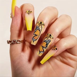 Long Coffin Gradient Yellow Butterfly Press-On Nails